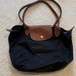 Longchamp Black Nylon Tote with Brown Leather Trim